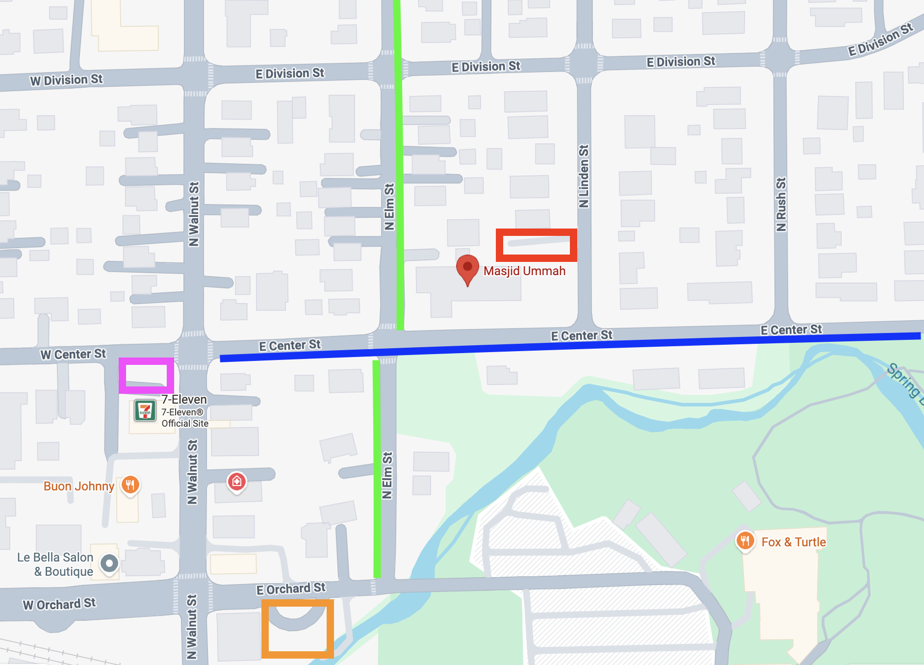 Map showing parking zones around Masjid Ummah